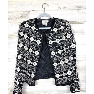 Papell Boutique Women’s M Vintage Black White Silk Beaded Embroidered Jacket